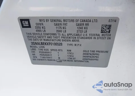 2015 Chevrolet Equinox 1Lt из США, поврежденный, VIN 2GNALBEKXF6106528